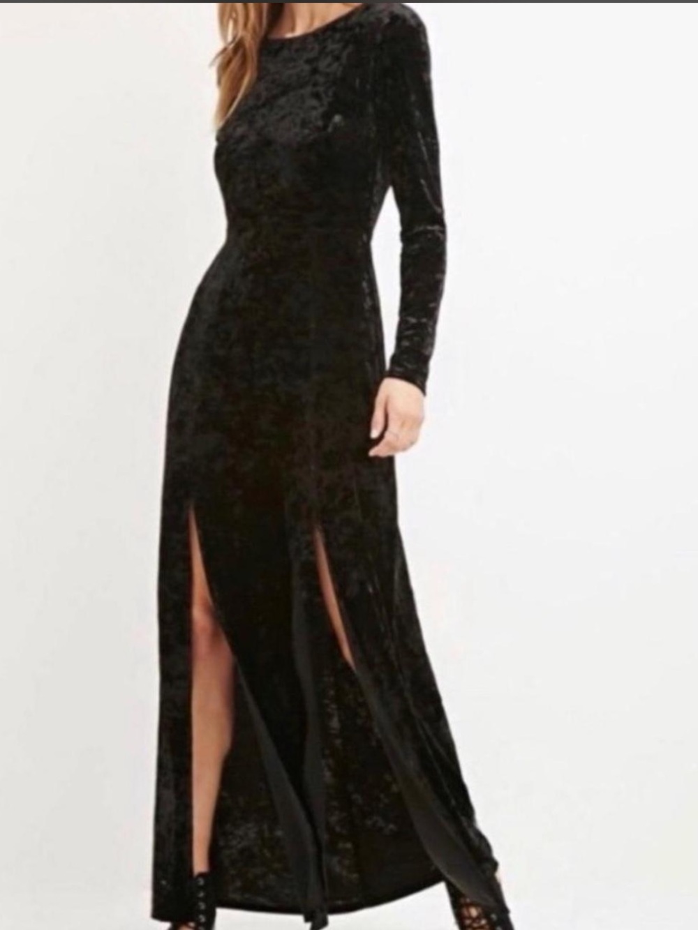 Forever 21 Black Velvet Long-Slit Maxi Dress